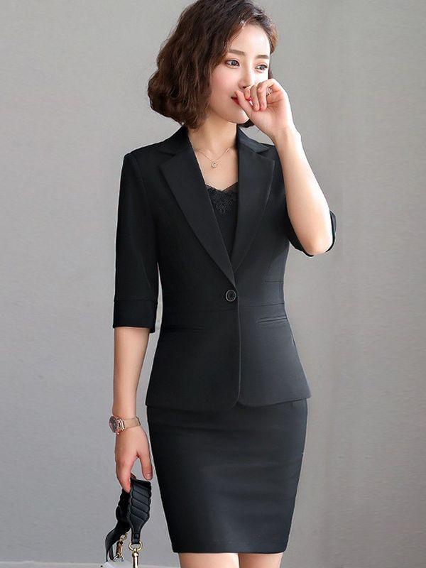 レディース セットアップ オフィス ビジネス 通勤 フォーマル 事務服 制服 受付 ジャケット スカート 五分袖 ショート丈 エレガント 上品 ポリエステル素材 ストレッチ