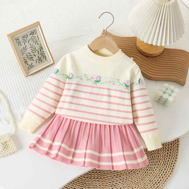 子供服 女の子 ニットワンピース 2点セット 細ボーダー 長袖 クルーネック 柔らかい肌触り アクリル素材 おしゃれ 韓国風 春秋冬