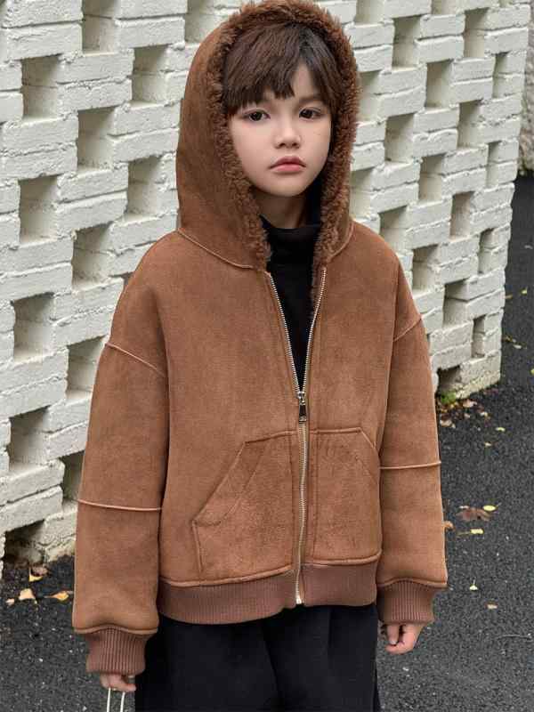 キッズ 男女兼用 フード付き ジップアップ リアルムートンコート 100%羊毛 防寒 カジュアル 厚手 秋冬 通園 通学 小学生 アウター ベージュ ブラウン