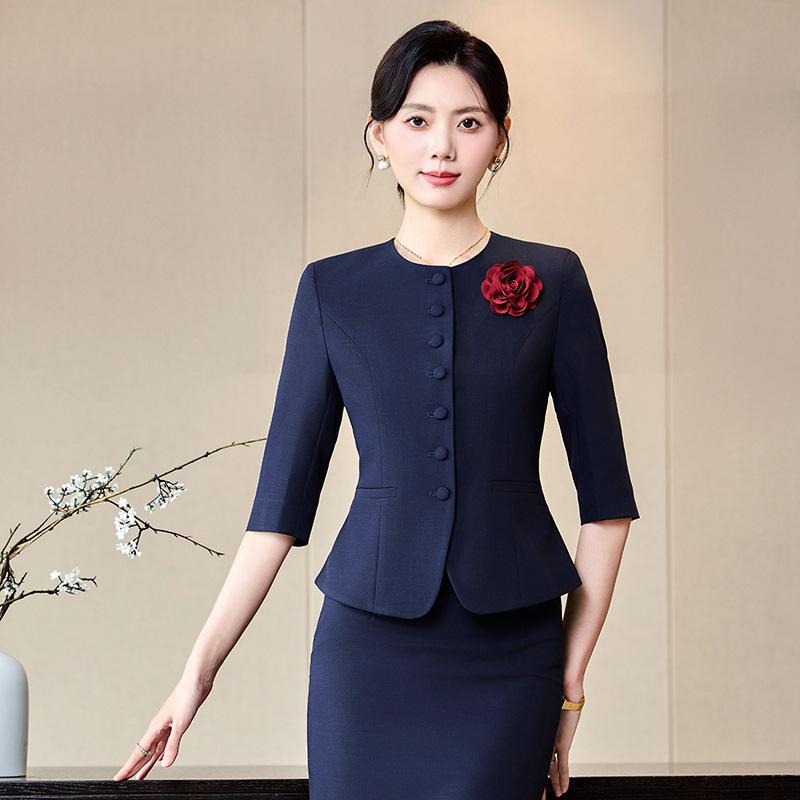 セットアップ レディース ノーカラージャケット スカートスーツ 七分袖 春夏 ビジネス オフィス フォーマル 通勤 事務服 制服 受付 接客 ホテル エステ ジュエリーショップ 上品 エレガント ポリエステル