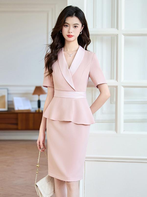 セットアップ レディース 半袖 ツーピース ジャケット スカート 上品 オフィス 事務服 制服 通勤 ビジネス ピンク ブラック 春夏