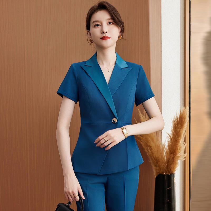 スーツ セットアップ レディース 半袖 3分袖 春夏 オフィス ビジネス 事務服 サービス業 ホテル 受付 美容院 ジュエリー店 マネージャー 制服 テーラードジャケット 九分丈パンツ エレガント 上品 きれいめ ブルー ポリエステル素材 5,080円