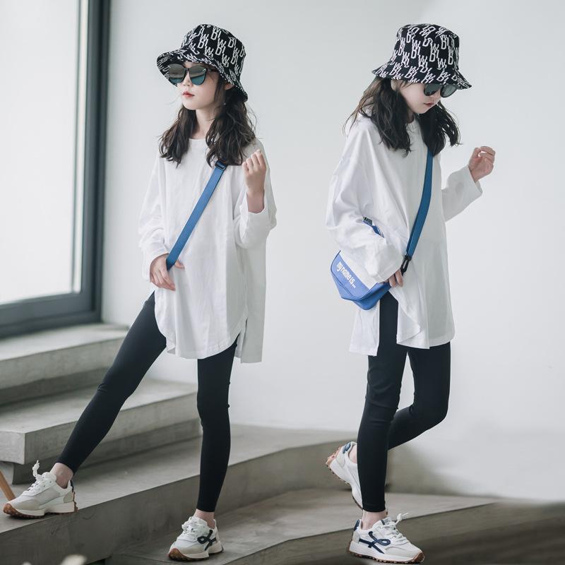 Tシャツ 女の子 キッズ 子供用 吸湿速乾 綿 韓国風 シンプル 着回し 万能 白 カジュアル ゆったり ルーズ ミドル丈 チュニック丈 カットソー インナー 春秋 トレンド おしゃれ