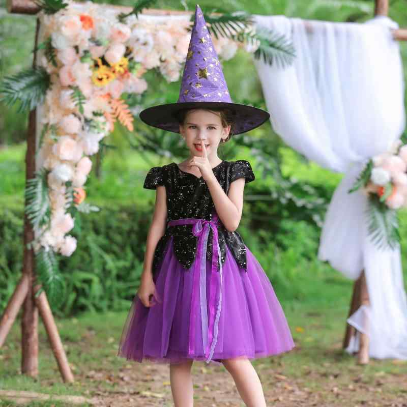 ドレス 女の子 キッズ ハロウィン コスプレ 衣装 魔女 欧米風 プリンセス かわいい パーティー チュールスカート サテン 帽子付き オールシーズン 発表会 ジュニア