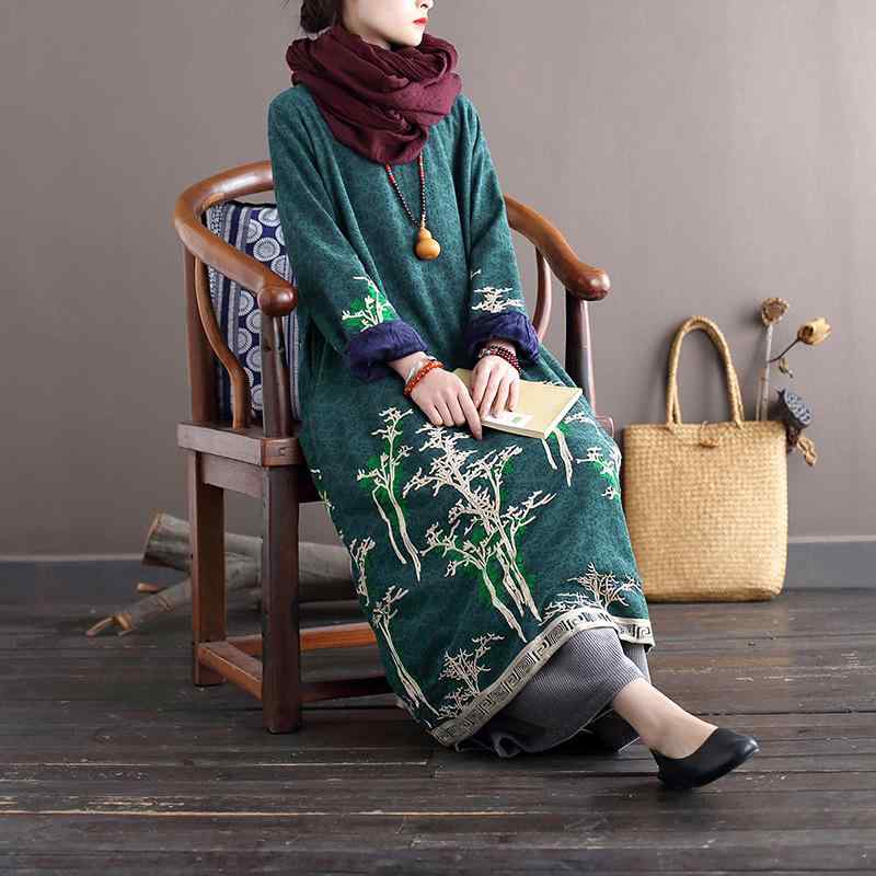 ワンピース レディース 裏起毛 厚手 保温 あったか レトロ 刺繍 花柄 ゆったり ロング丈 ラウンドネック 長袖 Aライン 綿 体型カバー 秋冬