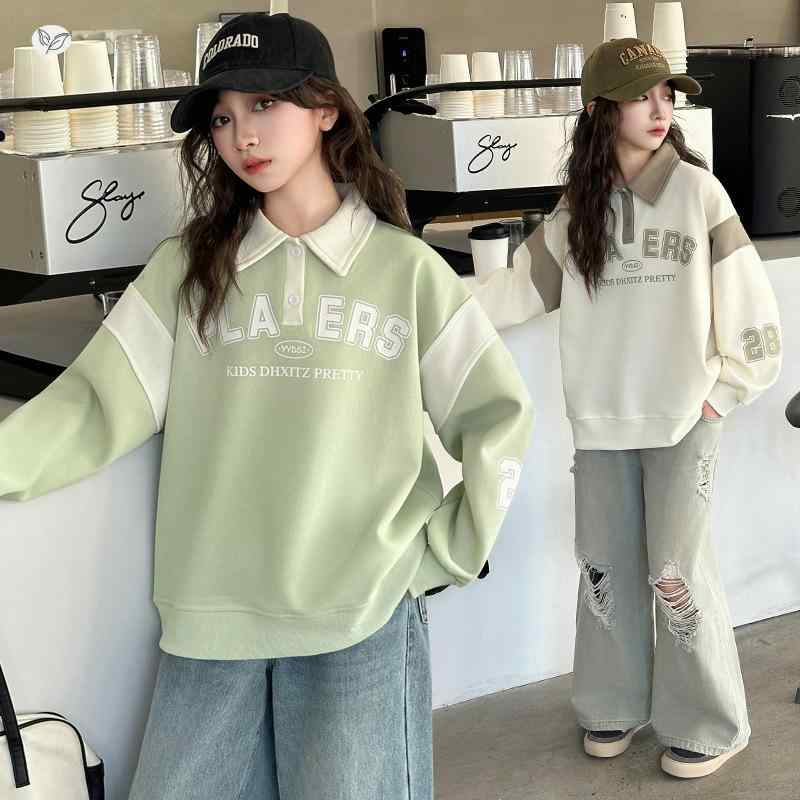 スウェット 女の子 キッズ ジュニア ポロ襟 スクール風 長袖 春秋物 ソフトな肌触り コットンブレンド 小学生 中学生 Tシャツ トップス カジュアル おしゃれ
