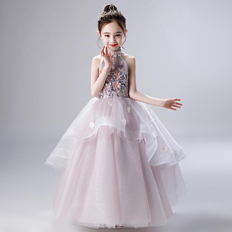 ドレス キッズ 女の子 プリンセス ふわふわ チュール かわいい ピアノ発表会 結婚式 フォーマル 演奏会 誕生日 七五三 ロングワンピース 春夏 ライトグレー ダスティピンク