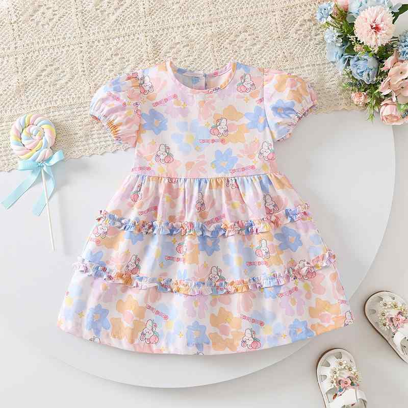 ワンピース 女の子 ベビー服 赤ちゃん 子供服 韓国風 春夏 薄手素材 涼しい 着心地快適 肌に優しい コットン プリント 小花柄 キャラクターモチーフ プリンセス風 フリルデザイン ピンクカラー