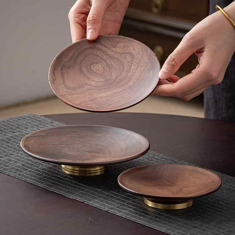 お盆 ウォールナット材 天然木製 新中華風 モダン デザートプレート 菓子皿 フルーツ スナック 盛り皿 ティータイム おしゃれ 高級感 多目的 トレイ SMLサイズ