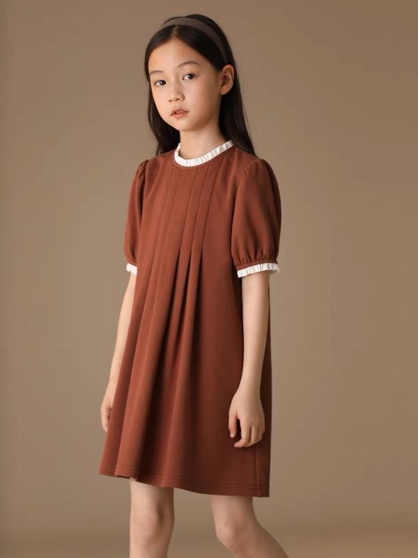 ワンピース キッズ 女の子 春夏 パフスリーブ レース 無地 半袖 親子コーデ プリンセス風 かわいい ニット コットン ドレス ジュニア