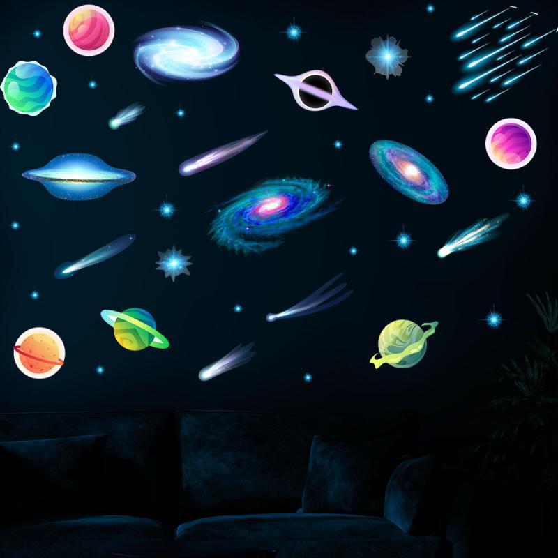 ウォールステッカー キッズ 子供部屋用 夜光 蛍光 暗闇で光る 銀河系 流星 ブラックホール 宇宙柄 青 ブルー 北欧風 リビング 寝室 PVC製 壁紙シール