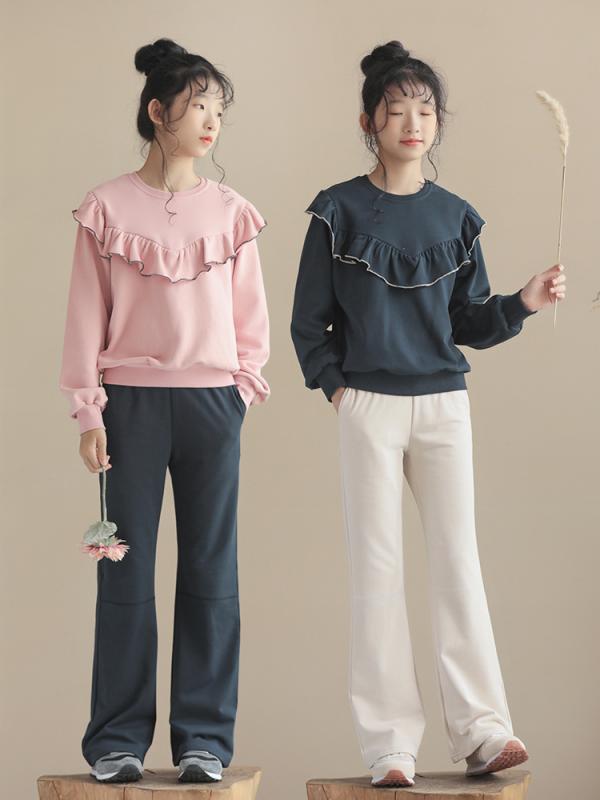 キッズ 女の子 ロングパンツ 秋冬 着痩せ効果 綿 高品質 ウエストゴム 微フレア ワイド スポーツ シンプル 無地 ジュニア 小学生