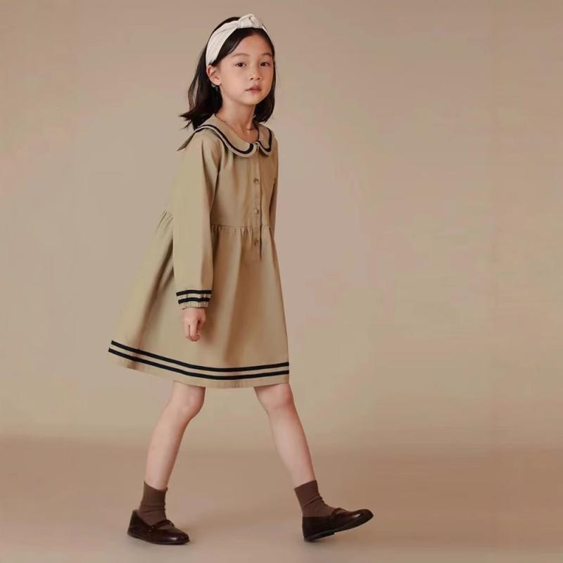 ワンピース キッズ 女の子 ガールズ 秋冬 綿 コットン 長袖 ミディアム丈 ミモレ丈 親子コーデ お揃い マリン セーラー レトロ クラシック プリンセス Aライン カーキ