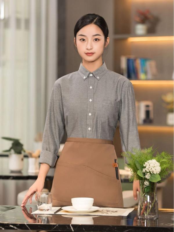 シャツ メンズ レディース 長袖 吸汗速乾 ホテル レストラン 飲食店 スーパー サービス業 制服 ユニフォーム フロント 受付 スタッフ 作業着 ポリエステル 綿混紡 スタンドカラー 春夏秋