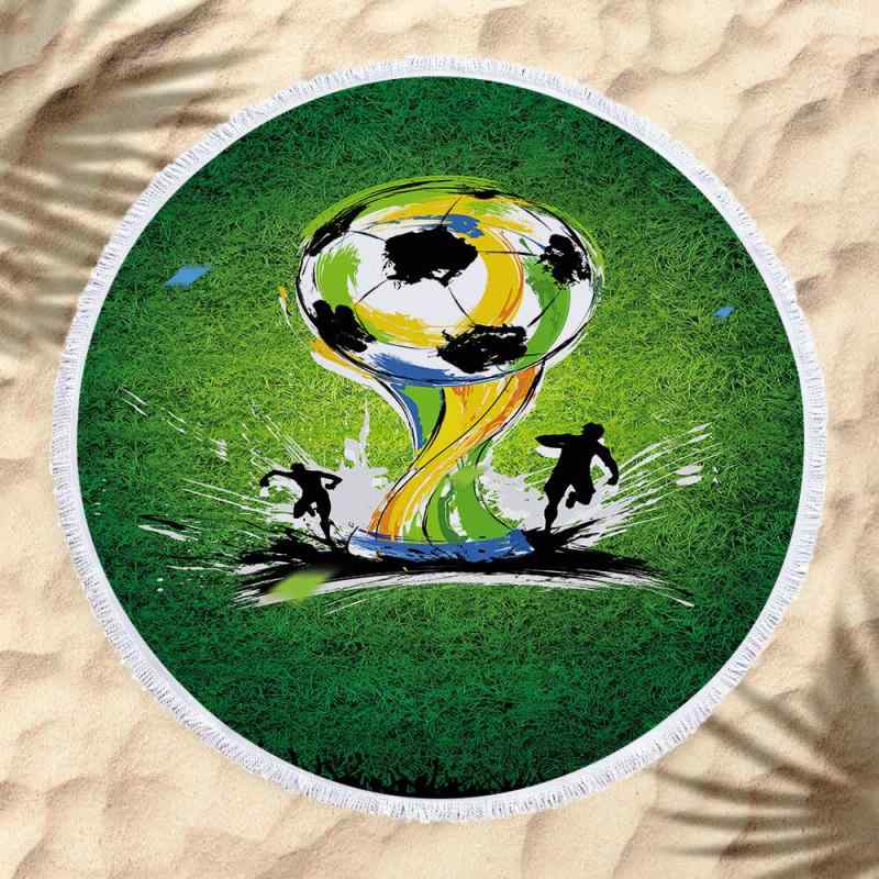 ビーチタオル 超極細繊維 マイクロファイバー 円形 サッカー柄 フリンジ付き 150cm 大判 高吸水 速乾性 柔らかい肌触り バスタオル プール 海水浴 レジャー アウトドア キャンプ スポーツ