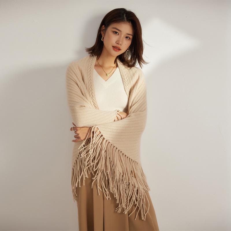 ストール レディース 秋冬 暖かい カシミヤ 厚手 大判 フリンジ 三角 ショール ポンチョ 2WAY 防寒 なめらかな肌触り 上品 無地 高級感 通勤 オフィス