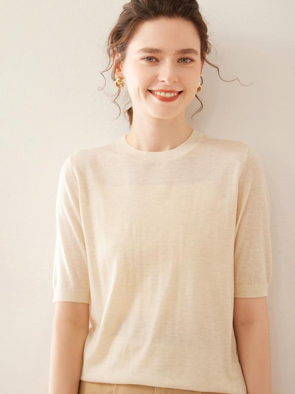 トップス レディース 精紡 アクリル混 ラウンドネック リブ編み 5分袖 ニットTシャツ 薄手 プルオーバー 無地 しわになりにくい 上品 カジュアル 春夏