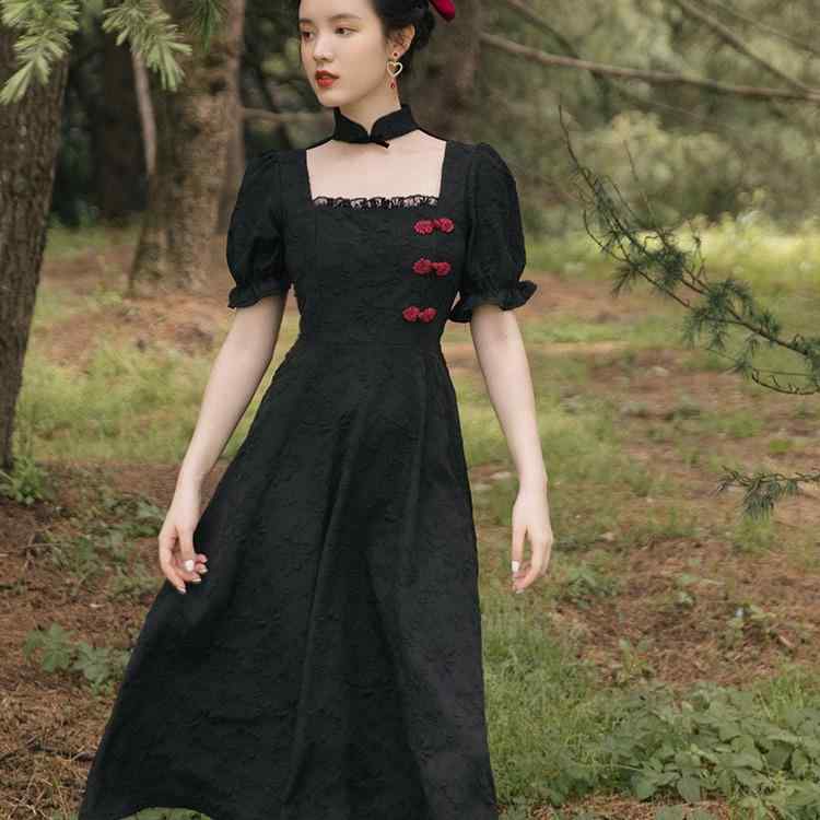 ワンピース レディース 改良型 チャイナドレス フレンチスタイル ブラックドレス デザイン性 レトロ ジャガード 織り柄 切り替え 上品 ポリエステル 体型カバー 夏 パーティー