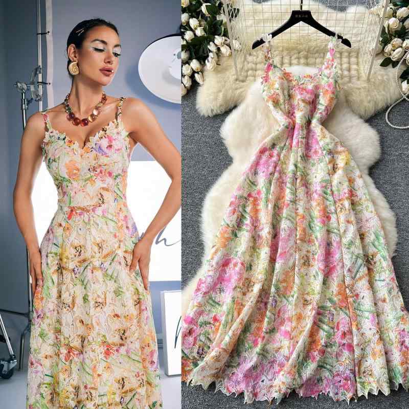 ワンピース レディース フレンチガーリー 宮廷風 小花柄 キャミソール シアーメッシュ 刺繍 レース ウエストマーク Aライン ハイウエスト ノースリーブ ロング丈 春夏 上品 エレガント きれいめ デザイン｜セキュアデポ