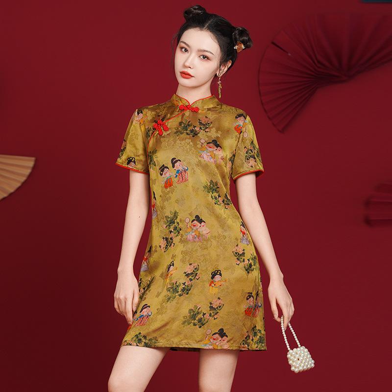 ワンピース レディース 改良チャイナドレス 唐美人柄プリント レトロモダンチャイナ風 ゆったり 体型カバー 着痩せ 上品 スタンドカラー ミドル丈 七分袖