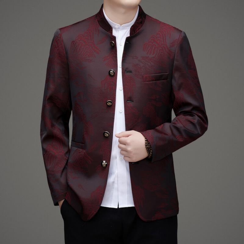 中山服 メンズ 薄手 香雲紗風 新中式 チャイナジャケット 男性 アウター ポリエステル パパ向け カジュアルスタイル 赤色 ネイビー