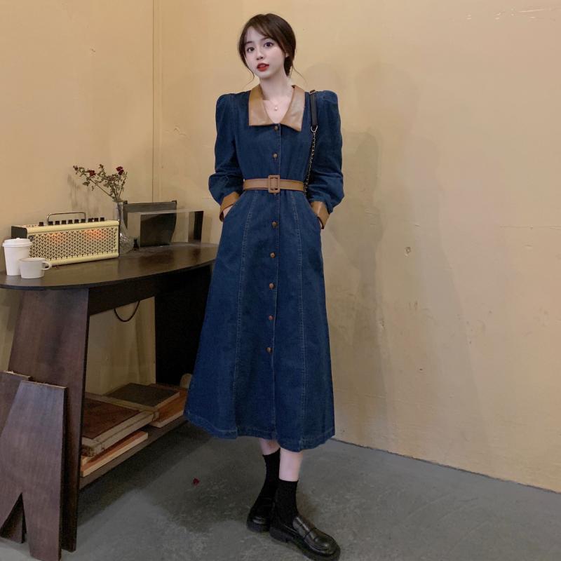 ワンピース レディース 大きいサイズ ビッグサイズ レトロ クラシック POLO襟 ロング丈 長袖 ウエストマーク 前ボタン Aライン デニム ポリエステル ダークブルー 濃紺 ゆったり カジュアル 体型カバー 韓流スタイル
