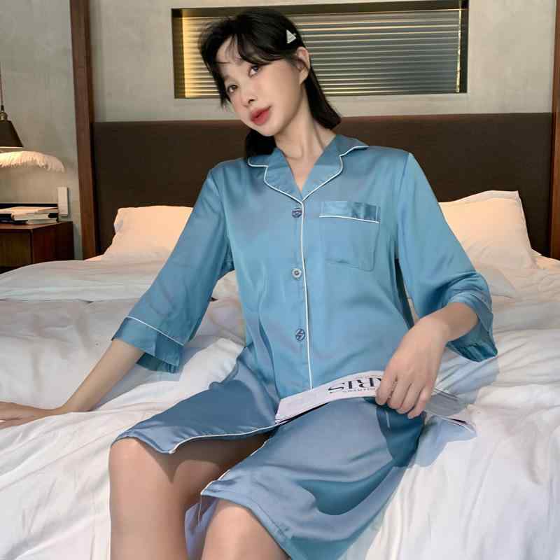 ルームウェア レディース サテン 接触冷感 薄手 通気性 快適 春夏 七分袖 開襟シャツ パジャマ スリップ ミディ丈 大きいサイズ ゆったり カジュアル 部屋着 ワンマイルウェア 高級感