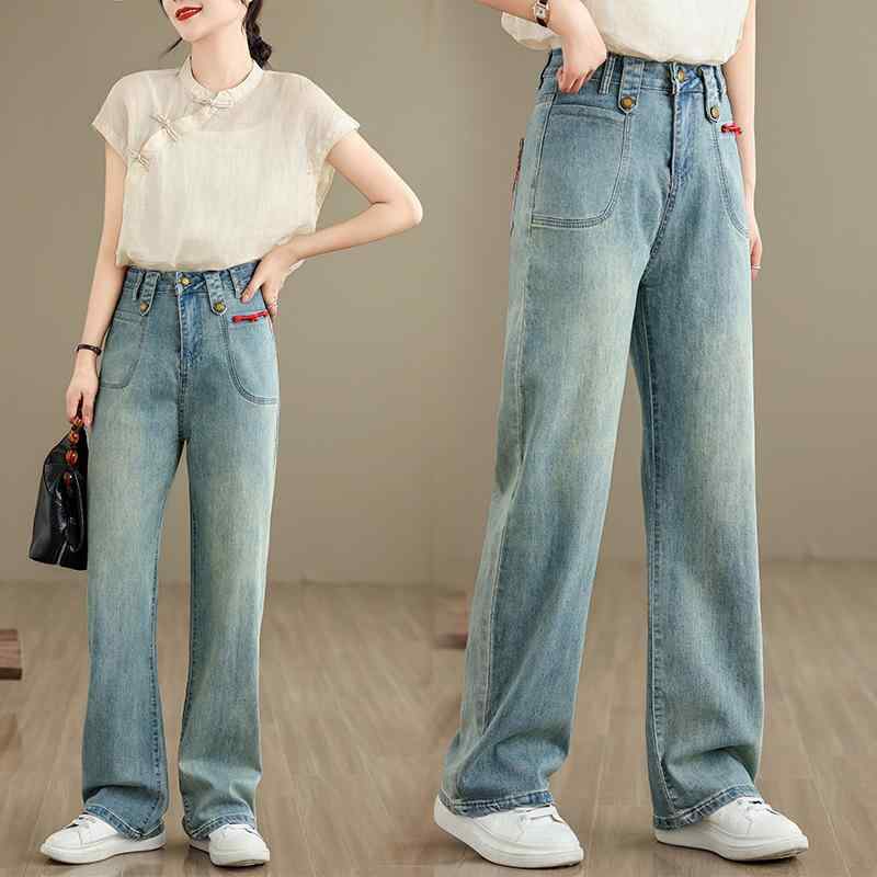 デニムパンツ レディース 春夏 ゆったり ルーズフィット 大きいサイズ ビッグサイズ ストレートシルエット カジュアル 文芸レトロ ネオチャイニーズスタイル ロング丈 ブルー