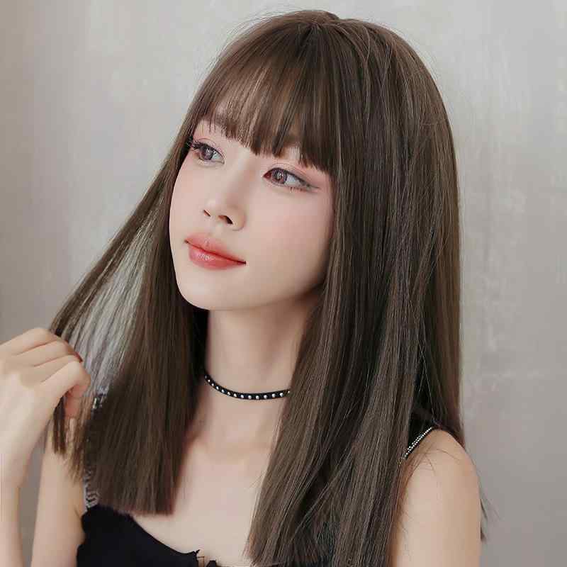 ウィッグ レディース ミディアムロング 黒髪ロングストレート シースルーバング 自然なつけ心地 リアルな質感 耐熱ファイバー フルウィッグ 長さ45cm イメチェン おしゃれ