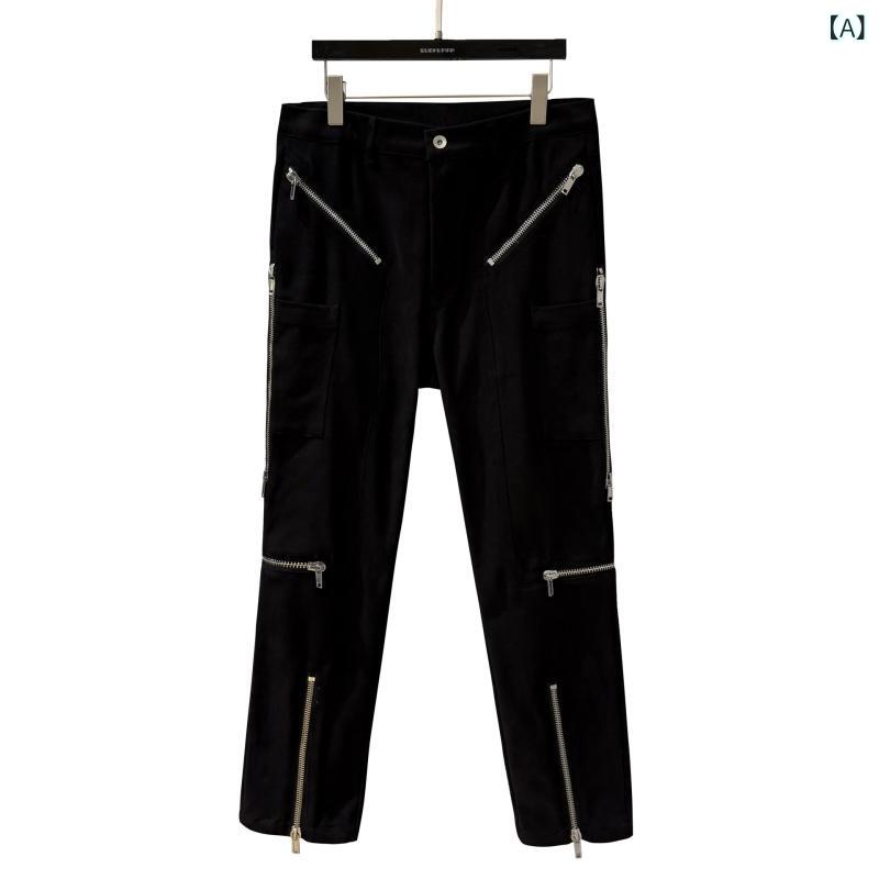 パンツ メンズ カジュアルパンツ カーゴパンツ ストレート コットン 綿素材 ワークパンツ ロングパンツ 多ポケット ジッパー デザイン 春夏 ブラック｜セキュアデポ
