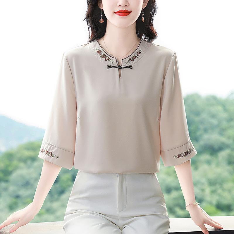 ブラウス レディース ママ服 半袖 新チャイナ フレンチ レトロ オリエンタル 高級感 贅沢 若見え エレガント おしゃれ 上質シルク ベージュ チャイナボタン