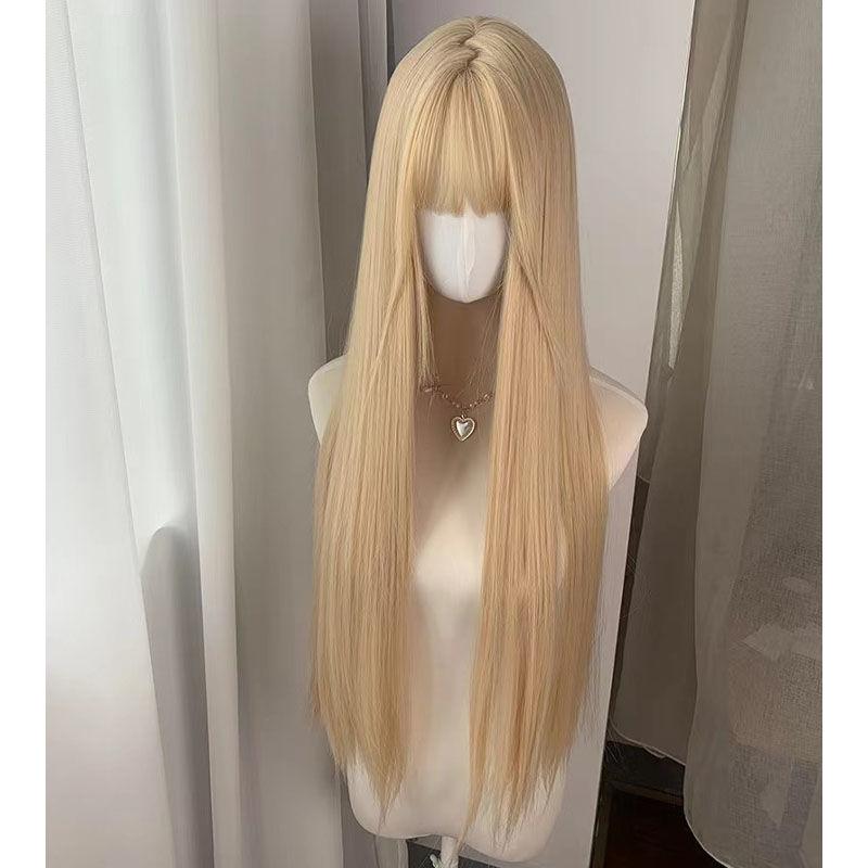 ウィッグ レディース 高温耐熱ファイバー ストレート ロング ぱっつん前髪 サイドバング 自然 リアル フルウィッグ 簡単装着 ミディアムロング 金茶色 ブロンドブラウン お姉さん ロリータ 少女 JK コスプレ 全頭タイプ 85cm