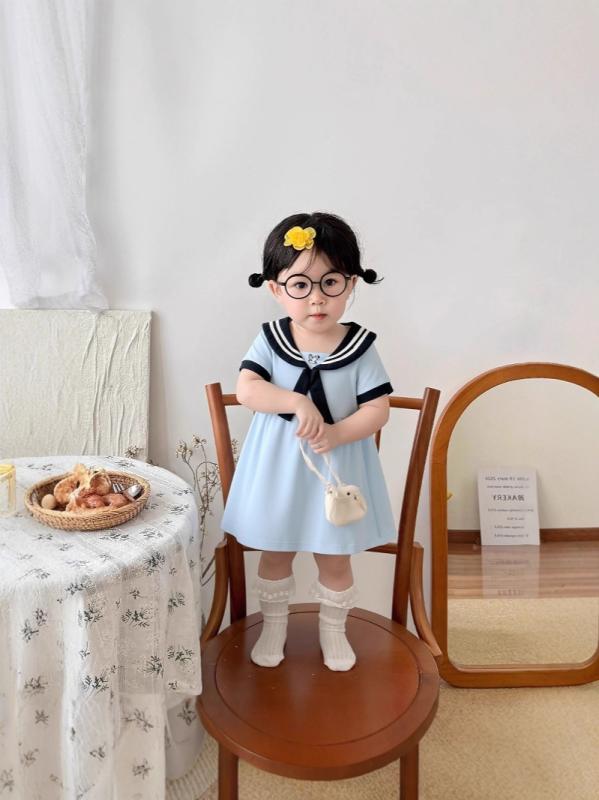 ワンピース 女の子 ガールズ キッズ ベビー服 幼児服 セーラー襟 プリンセスドレス Aライン 半袖 コットン 綿 柔らかな肌触り マリン ネイビー 白 夏 かわいい おしゃれ