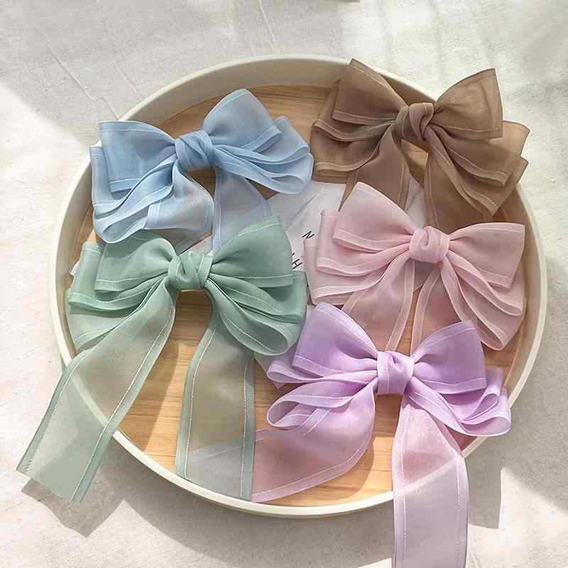 ヘアアクセサリー レディース 春夏 高級感 蝶結び 上品 チュール ロングリボン 韓国風 ハンドメイド ダッカールクリップ 大人可愛い ヘアクリップ