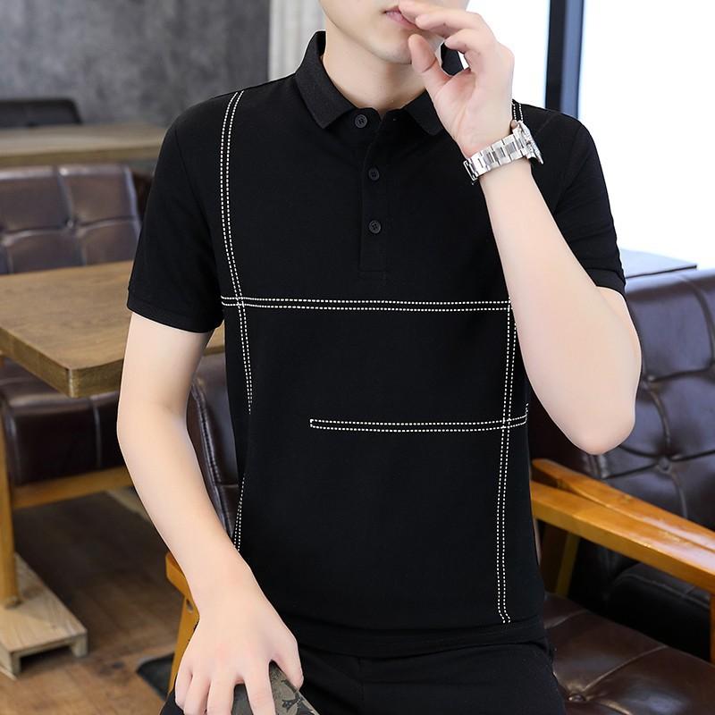 Tシャツ メンズ 春夏 通気性 再生繊維 襟付き 半袖 スリムフィット 明線デザイン 幾何学柄 菱形模様 トップス カジュアル きれいめ アーバン スタイル 紳士服