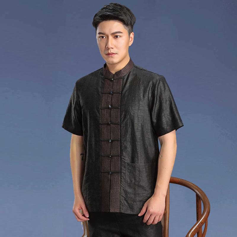 シャツ メンズ シルク 莨綢 中国風 唐装 半袖 大きいサイズ 父親用 パパ服 中高年向け 春夏 ゆったり 体型カバー 高級感 通気性 快適 カジュアル 通勤用
