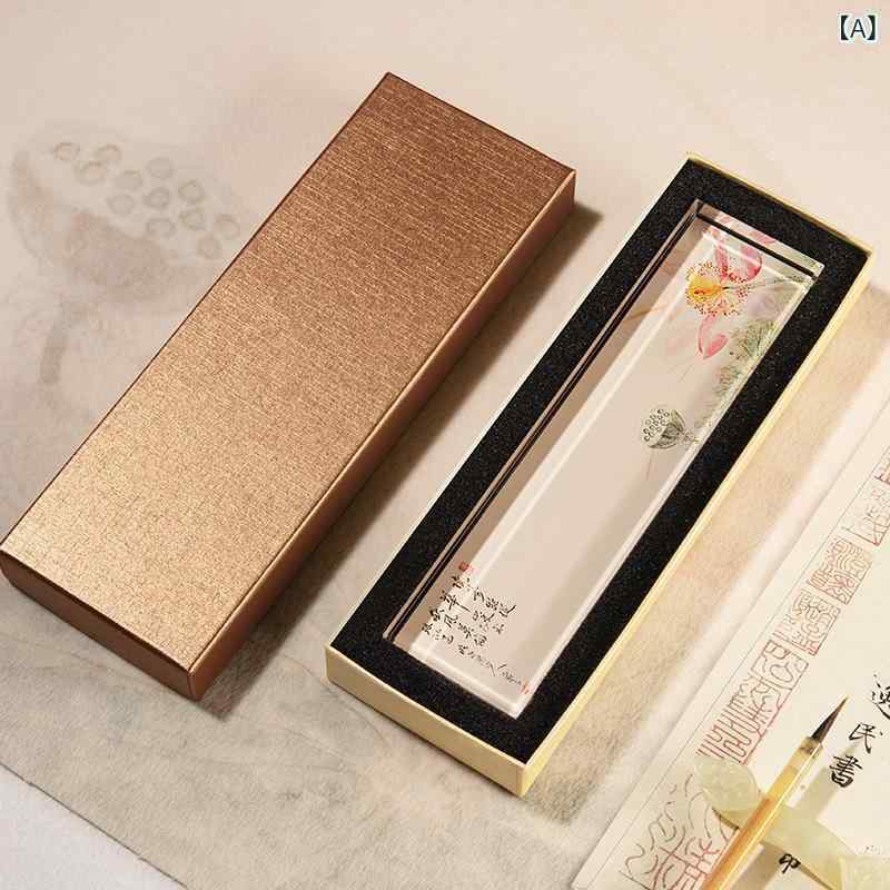 文鎮 定規 手描き彩絵 厚手 重厚 水晶ガラス 桃 蓮 青梅 中華風 書道用品 オフィス デスク インテリア おしゃれ ブックウェイト ペーパーウェイト