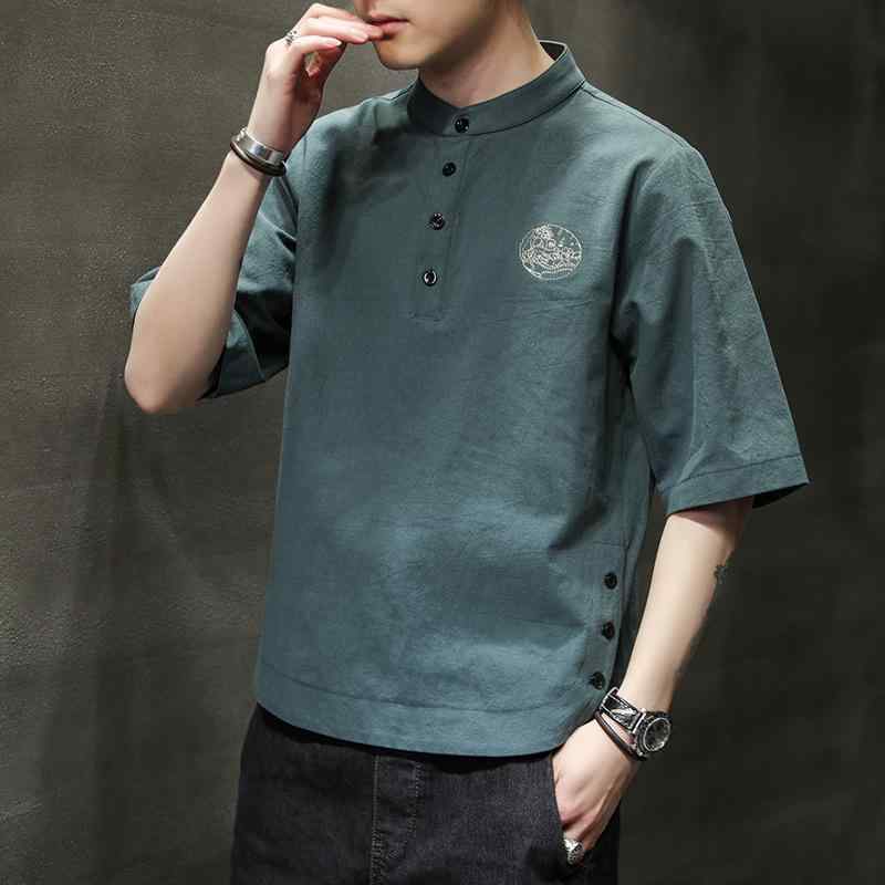 Tシャツ メンズ 通気性 快適 半袖 無地 チャイナ風 刺繍 ゆったり ビッグシルエット 大きいサイズ 綿麻 リネン スタンドカラー カジュアル 普段着 部屋着 春夏