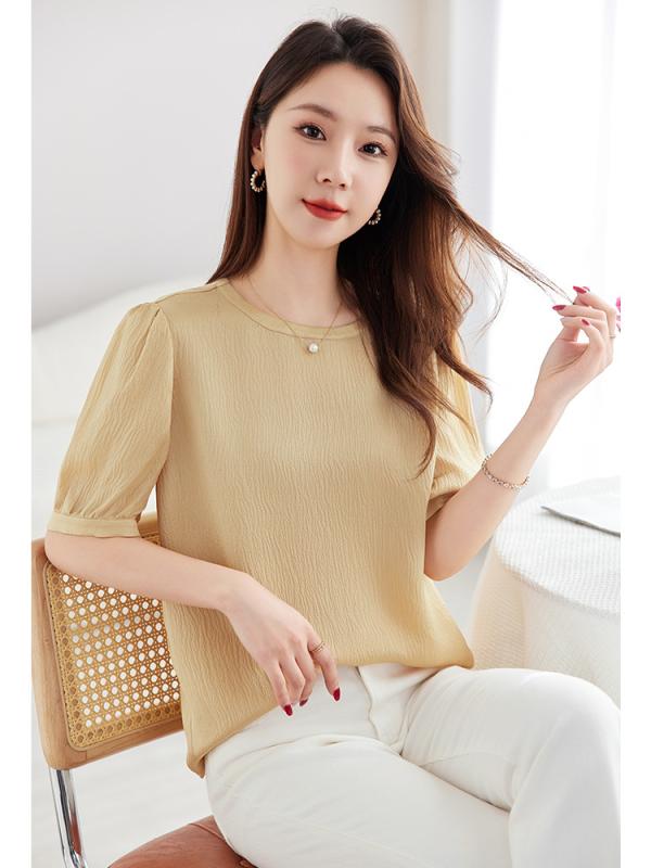 Tシャツ レディース 桑蚕シルク クレープ ジャガード織り ラウンドネック 半袖 上品 きれいめ ゆったり テクスチャー感 トップス 無地 ミドル丈 アイボリー|セキュアデポ