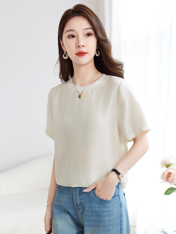 Tシャツ レディース 桑蚕 シルク ジャガード織り ゆったり 丸首 半袖 無地 カットソー 上品 エレガント 春夏 アイボリーホワイト
