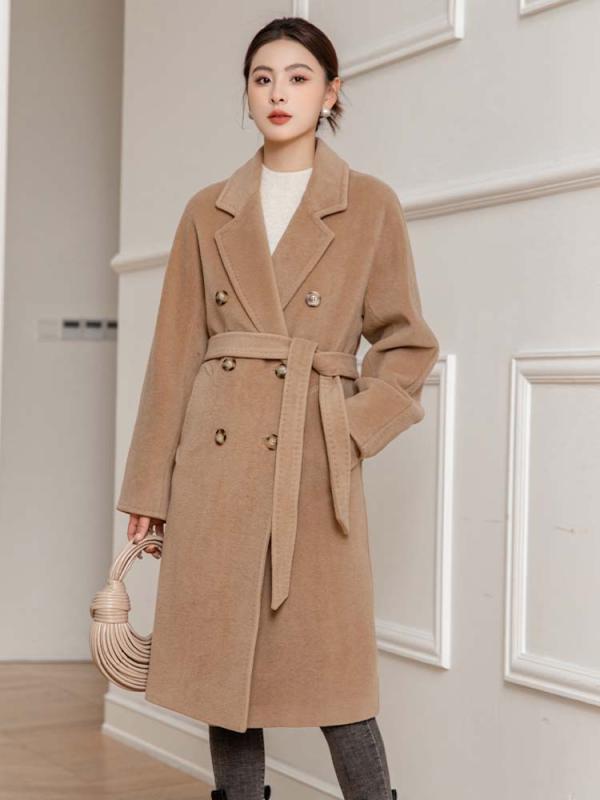 コート レディース 厚手 カシミヤブレンド ウール混紡 ダブルブレスト テーラードカラー ストレートシルエット ミドル丈 キャメル 無地 ポケット付き 通勤 オフィスカジュアル 秋冬