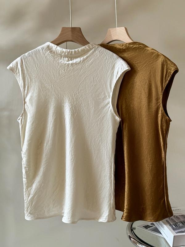 Tシャツ レディース 接触冷感 アセテート モックネック ノースリーブ スリムフィット 無地 ジッパー付き 切り替え 通勤 オフィス エレガント 上品 シンプル 春夏