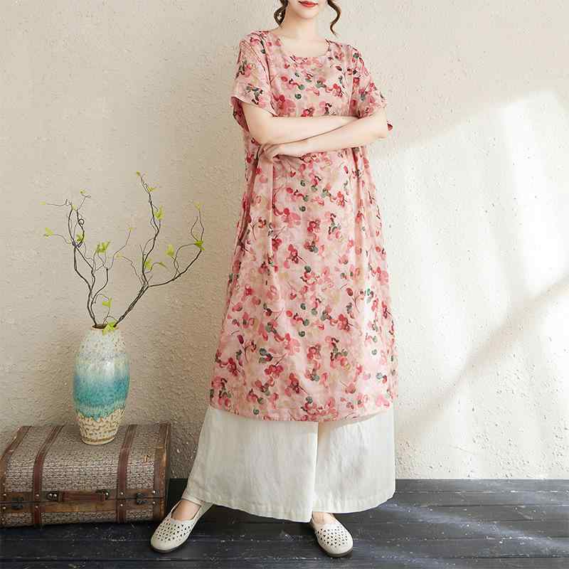 ワンピース レディース 春夏 大きいサイズ ゆったり 通気性 薄手 綿麻 レトロ花柄 上品 エレガント きれいめ Aライン 通勤 オフィス ミモレ丈 半袖 ラウンドネック