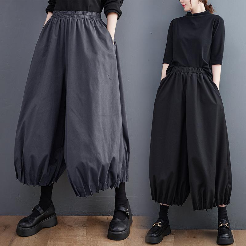 カジュアルワイドパンツ レディース 大きいサイズ ゆったり ハイウエスト ロング ストレート 通勤 コットン 上品 エレガント ブラック グレー 秋冬 フリーサイズ