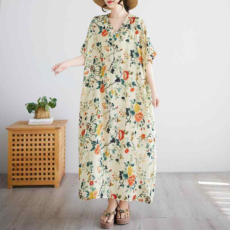 ワンピース レディース Vネック ゆったり 大きいサイズ ロング丈 春夏 リゾート風 ボヘミアン エスニック 花柄 Aライン コットンリネン ポケット付き