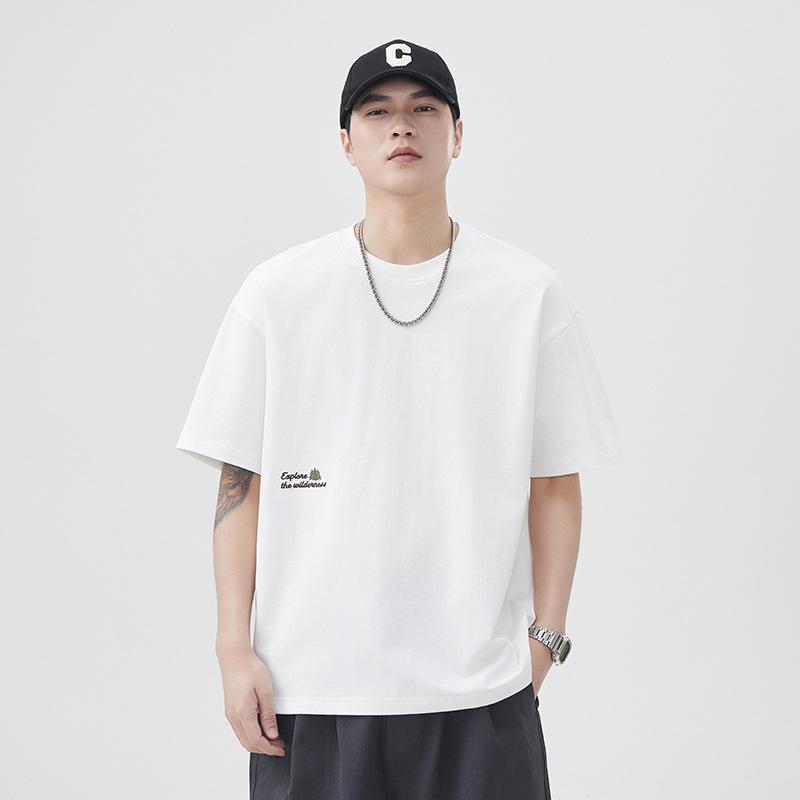 Tシャツ メンズ 厚手 半袖 白Tシャツ 刺繍 接触冷感 ゆったり 大きいサイズ ビッグサイズ カジュアル 韓国ファッション 丸首 綿混 無地 ポケット付き