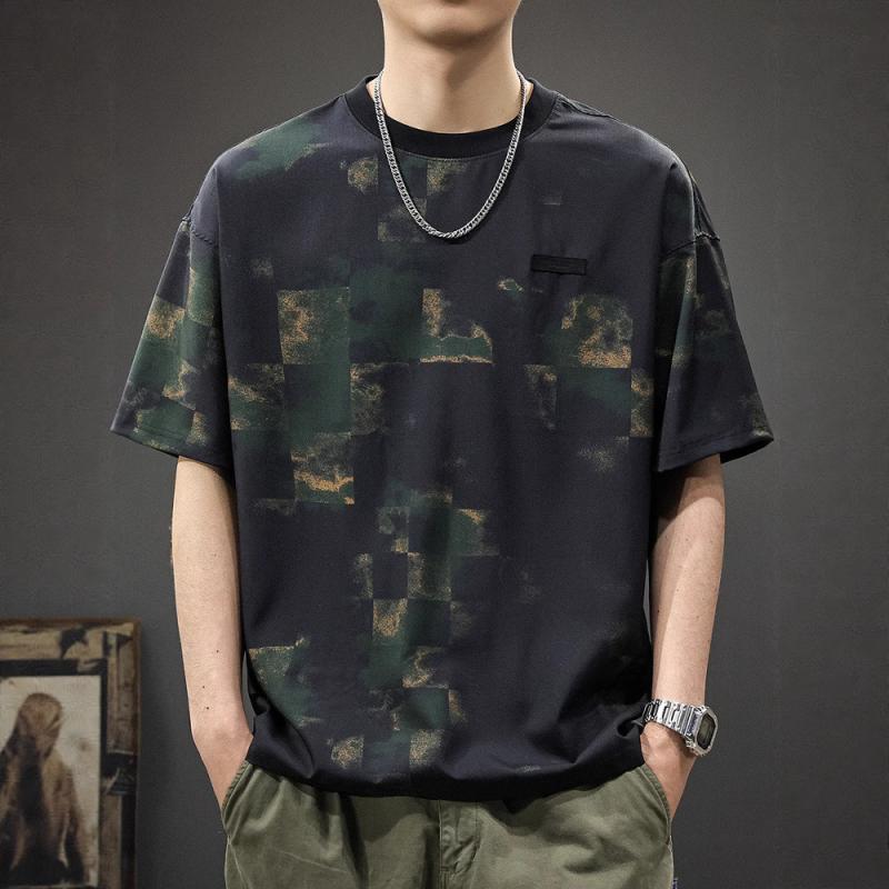 Tシャツ メンズ 速乾 通気性 防シワ アメカジ ストリート タイダイ柄 プリント レトロ ヴィンテージ ゆったり オーバーサイズ クルーネック 綿混 薄手 カジュアル 春夏 ブラック 黒