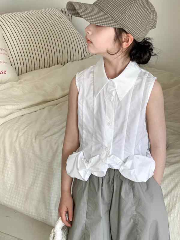 ブラウス ガールズ ノースリーブ シャツ 女の子 親子コーデ 夏物 ショート丈 中学生 ジュニア 襟付き 無地 韓国風 綿 上品 かわいい