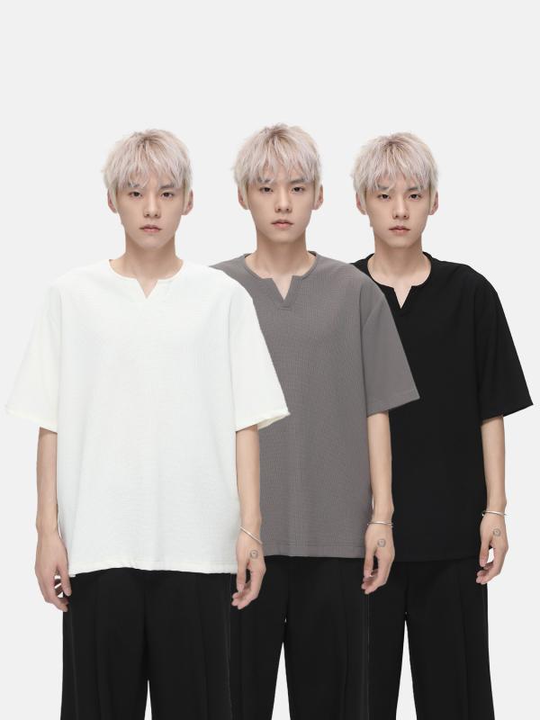 Tシャツ メンズ 韓国ファッション Vネック 無地 シンプル 半袖 春夏 ゆったり オーバーサイズ ポリエステル ストレッチ素材 デイリーユース