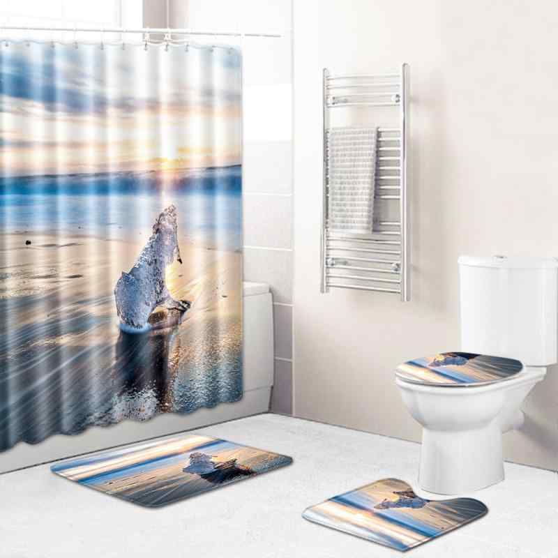 洗濯機丸洗い ビーチ柄 バスマット トイレマット 足拭きマット シャワーカーテン 4点セット 浴室 バスルーム ポリエステル 長方形 ライトグリーン 4,230円